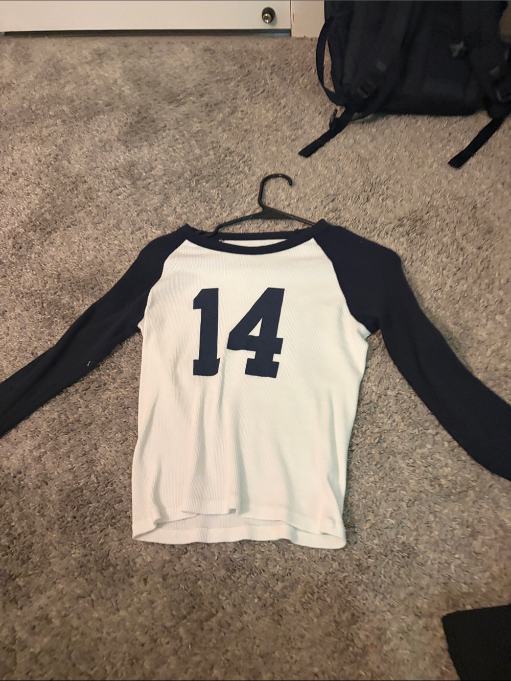 Brandy Melville White and Navy Raglan Long-Sleeve Tee with '14'